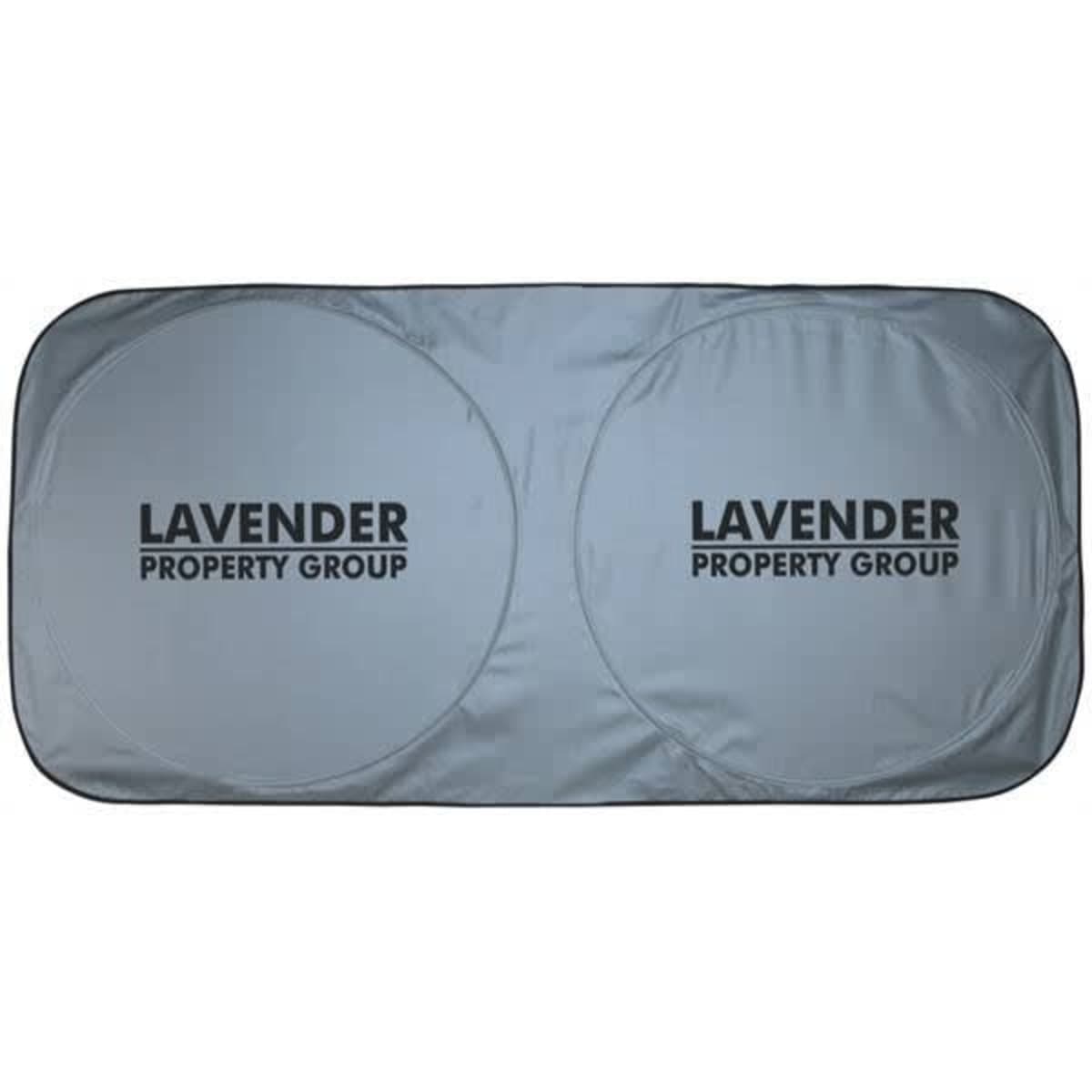 A grey sunshade with two circular cutouts and a prominent logo.