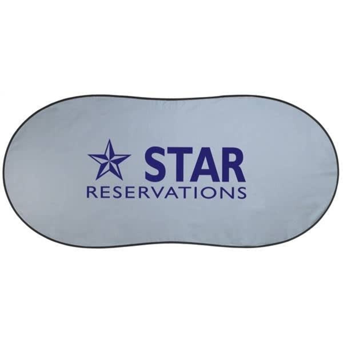 A light blue auto sunshade with a black border and a logo featuring the word "STAR RESERVATIONS".