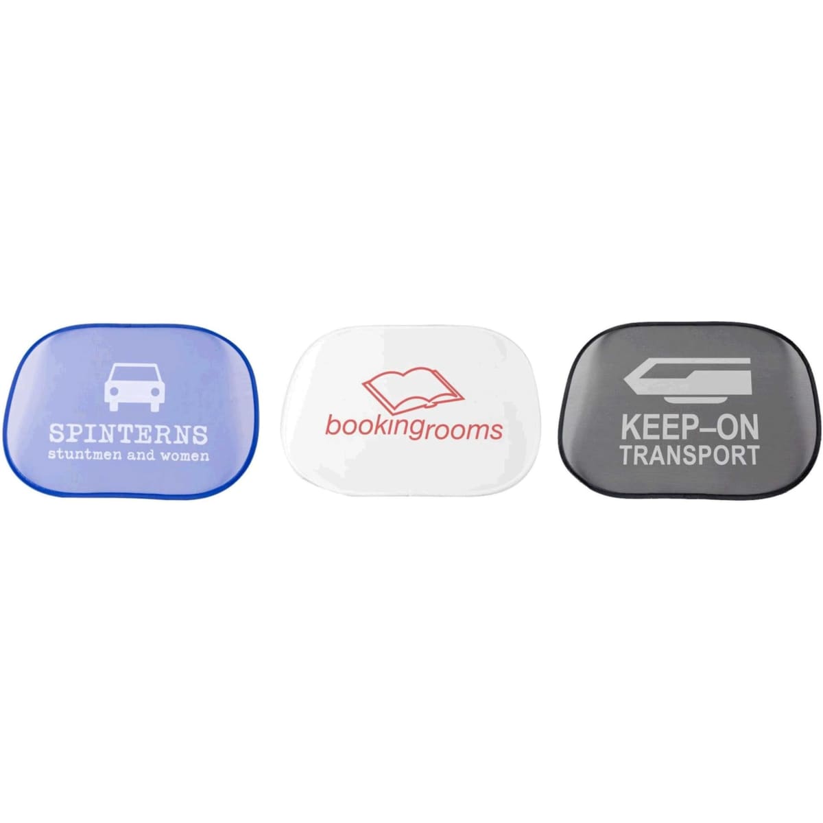 Three sunshades in blue, white, and grey, each featuring different designs and a logo.