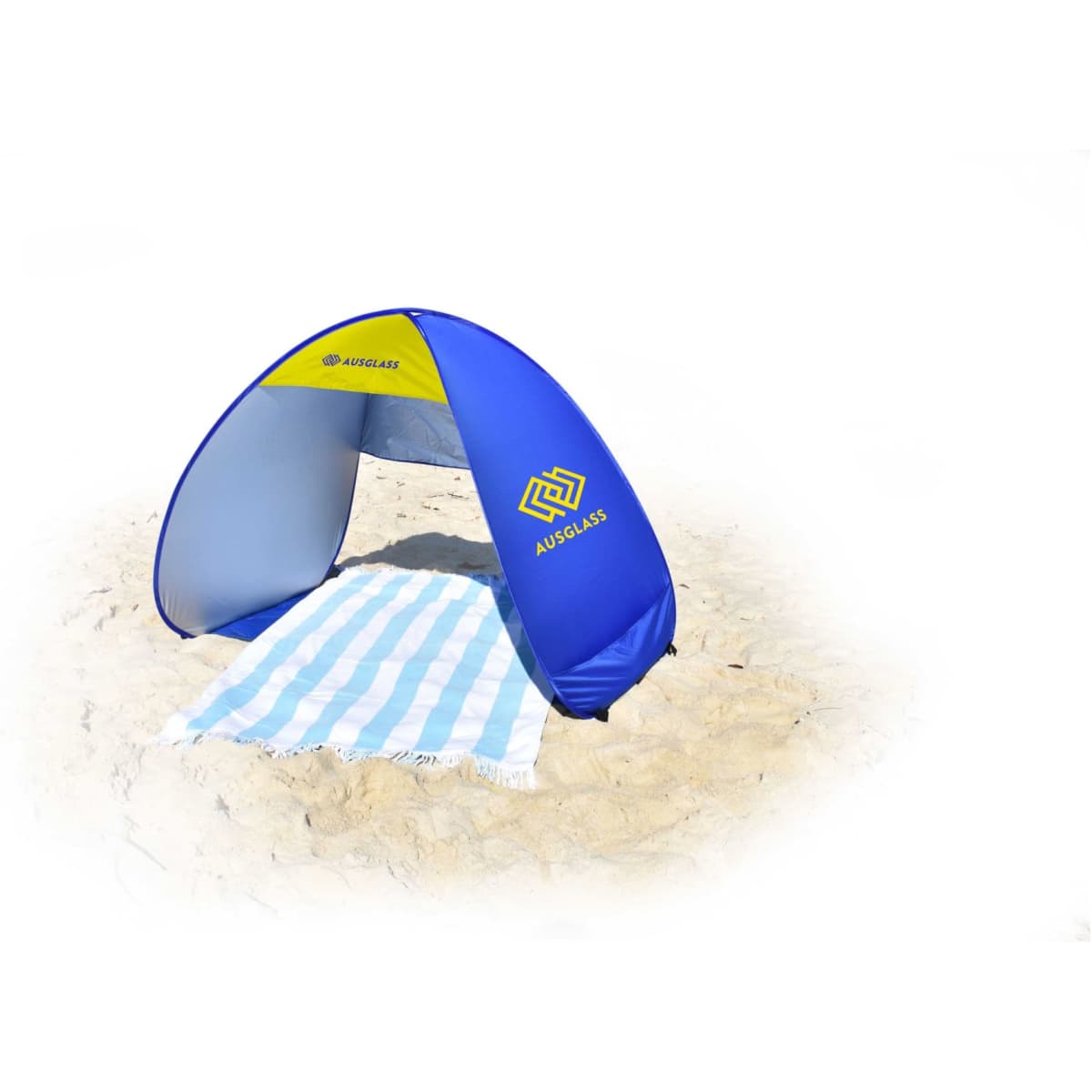 A blue and grey pop-up beach shelter with a striped towel on sand, featuring a logo.