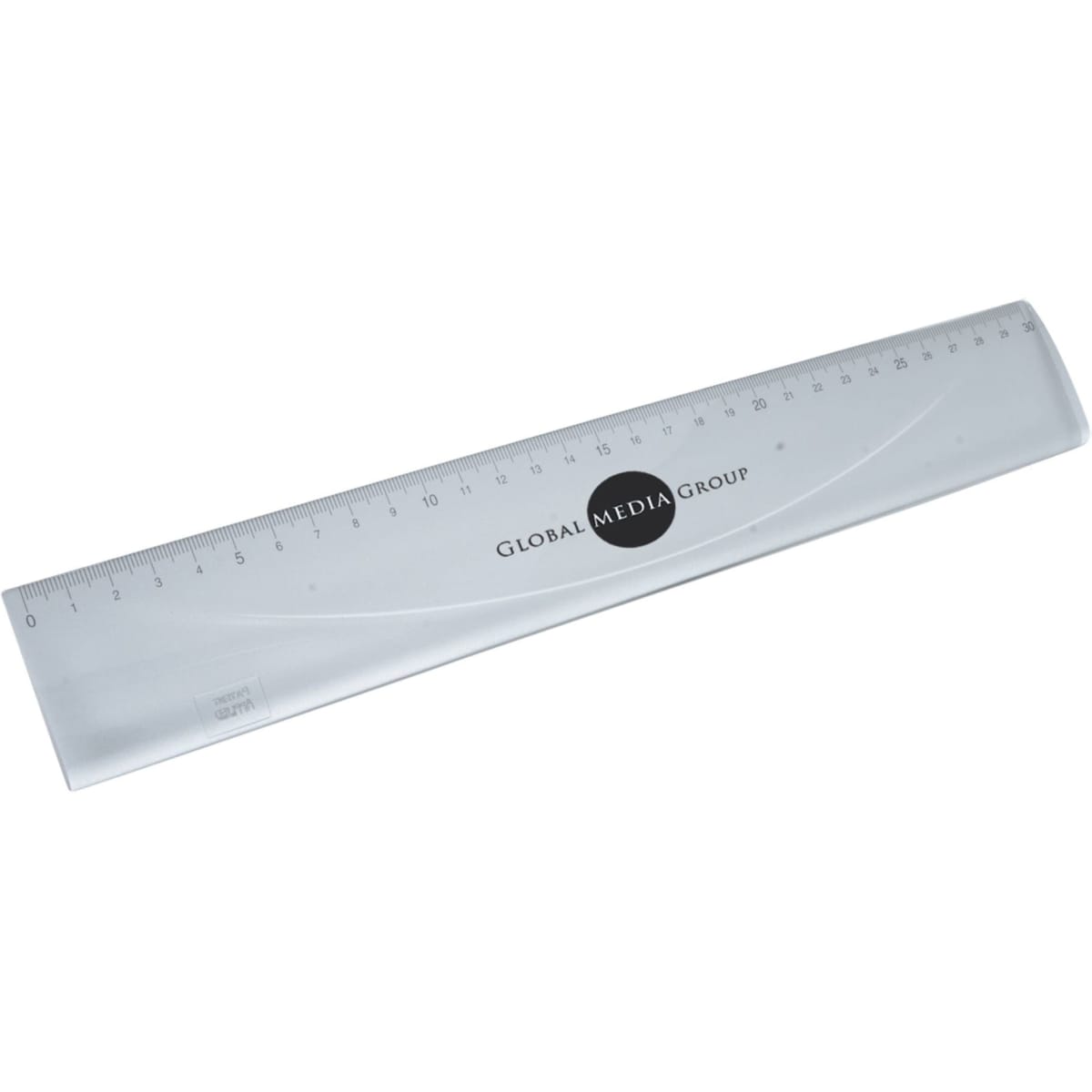 A transparent ruler with measurement markings, featuring a logo in the centre. It measures approximately 30 cm in length.