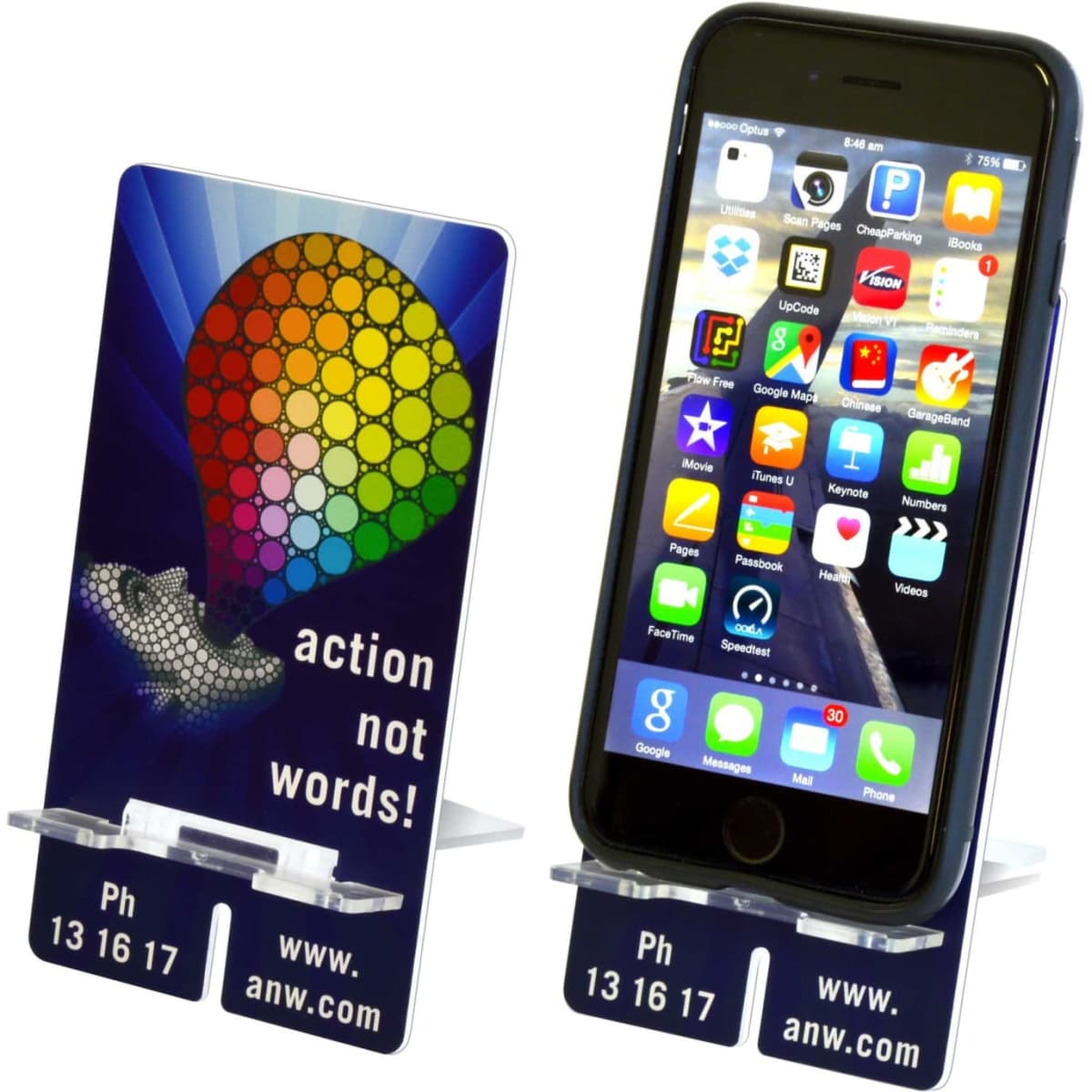 A smartphone stand in blue and white, featuring a colourful design with a logo and a smartphone displayed.
