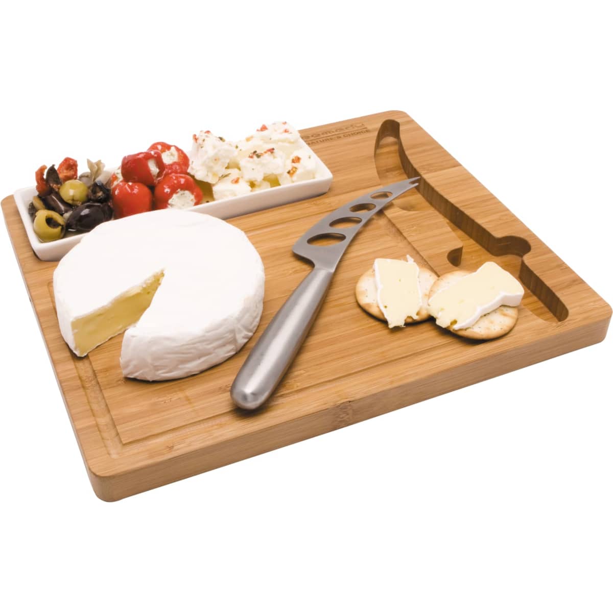 A bamboo cheese board featuring a round brie, crackers, olives, and a silver knife. It has a branding logo.