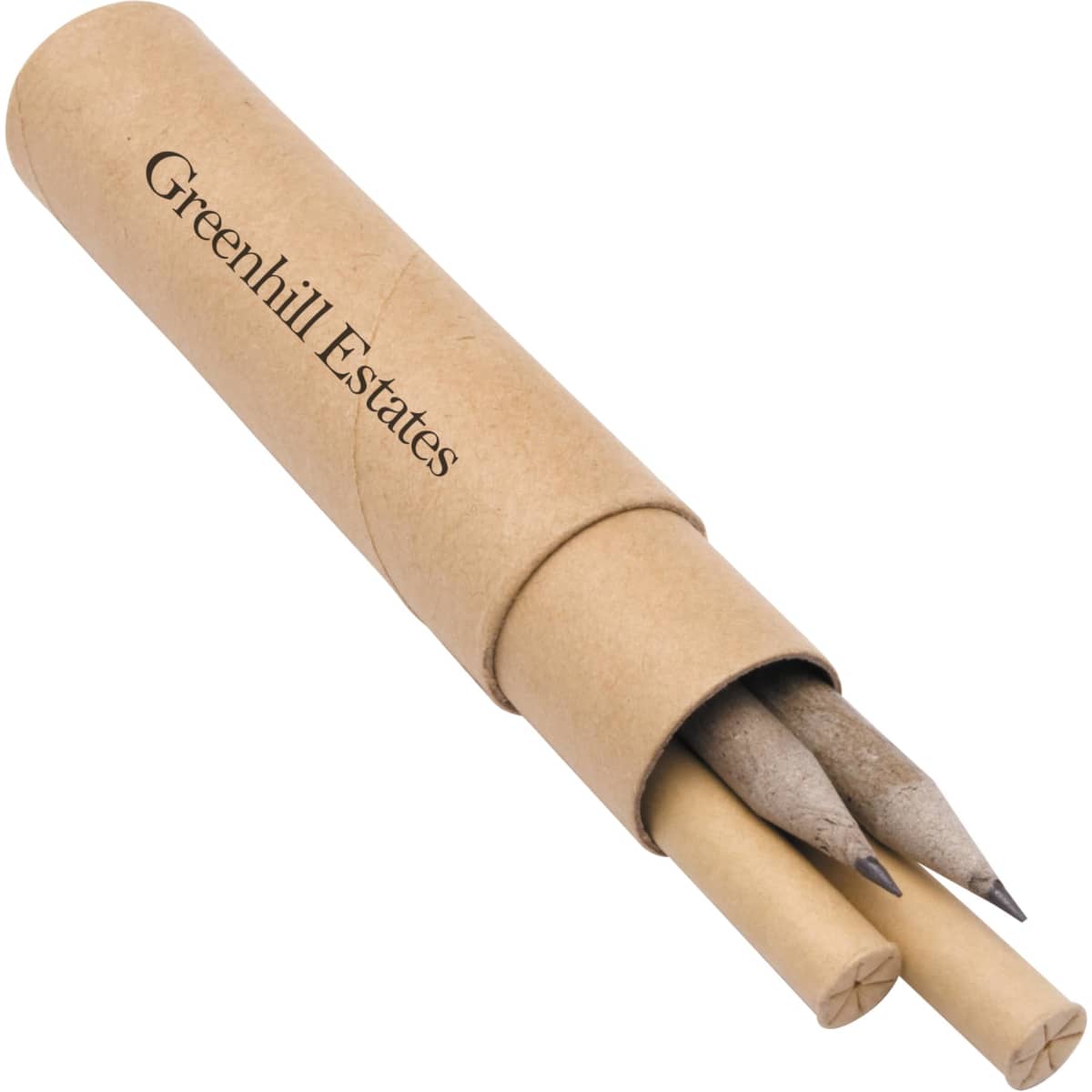An eco writing set in a cylindrical cardboard holder, featuring three grey pencils with a logo.