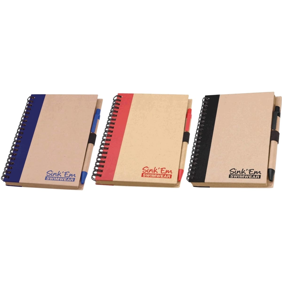 A set of three notepads featuring a natural cover, available in blue, red, and black, with spiral binding and a logo.