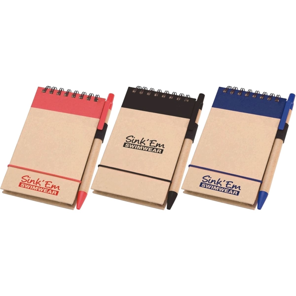 A notepad set featuring three colours: red, black, and blue, each with a matching pen and a logo.