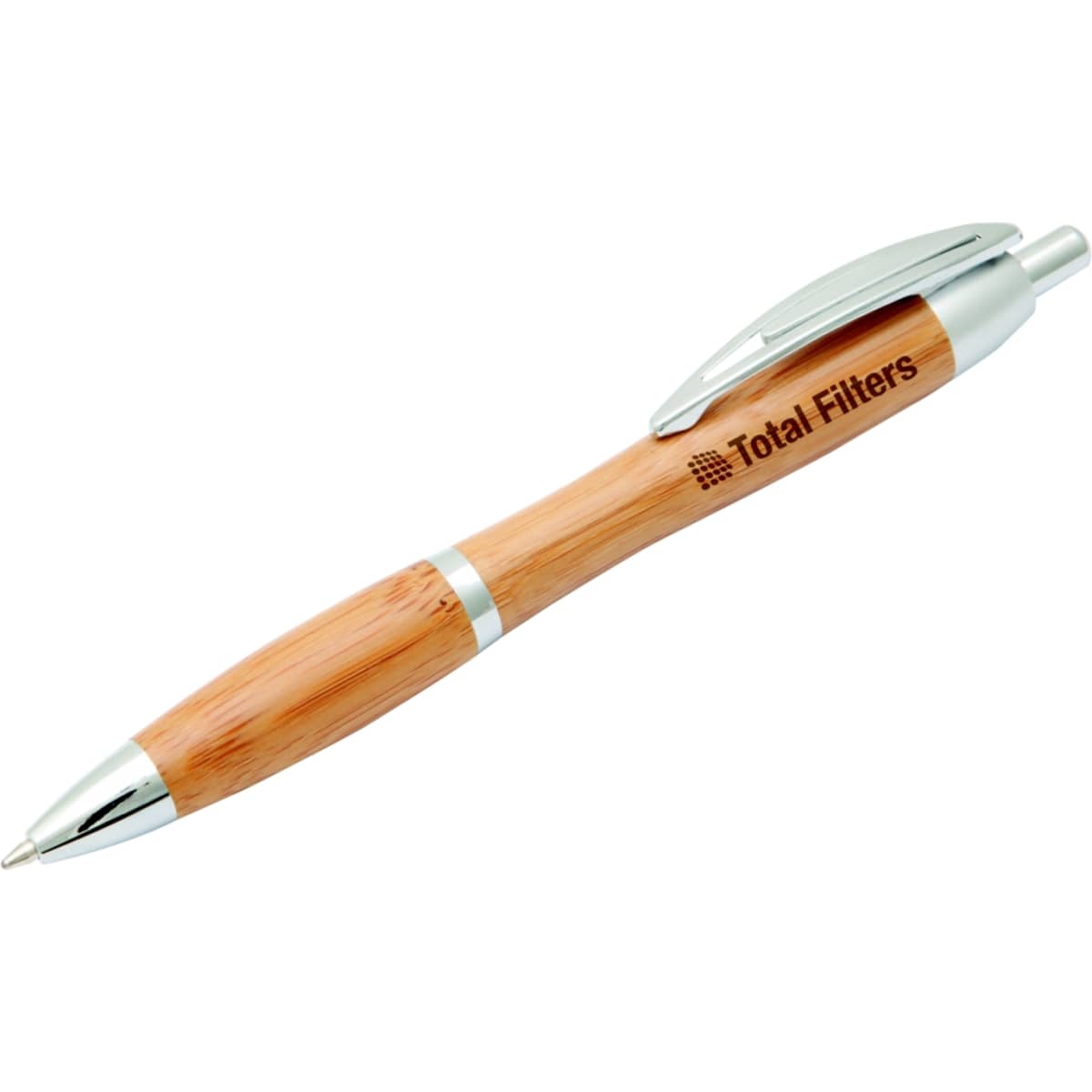 A bamboo pen with silver accents and a branding logo, resting on a white background.
