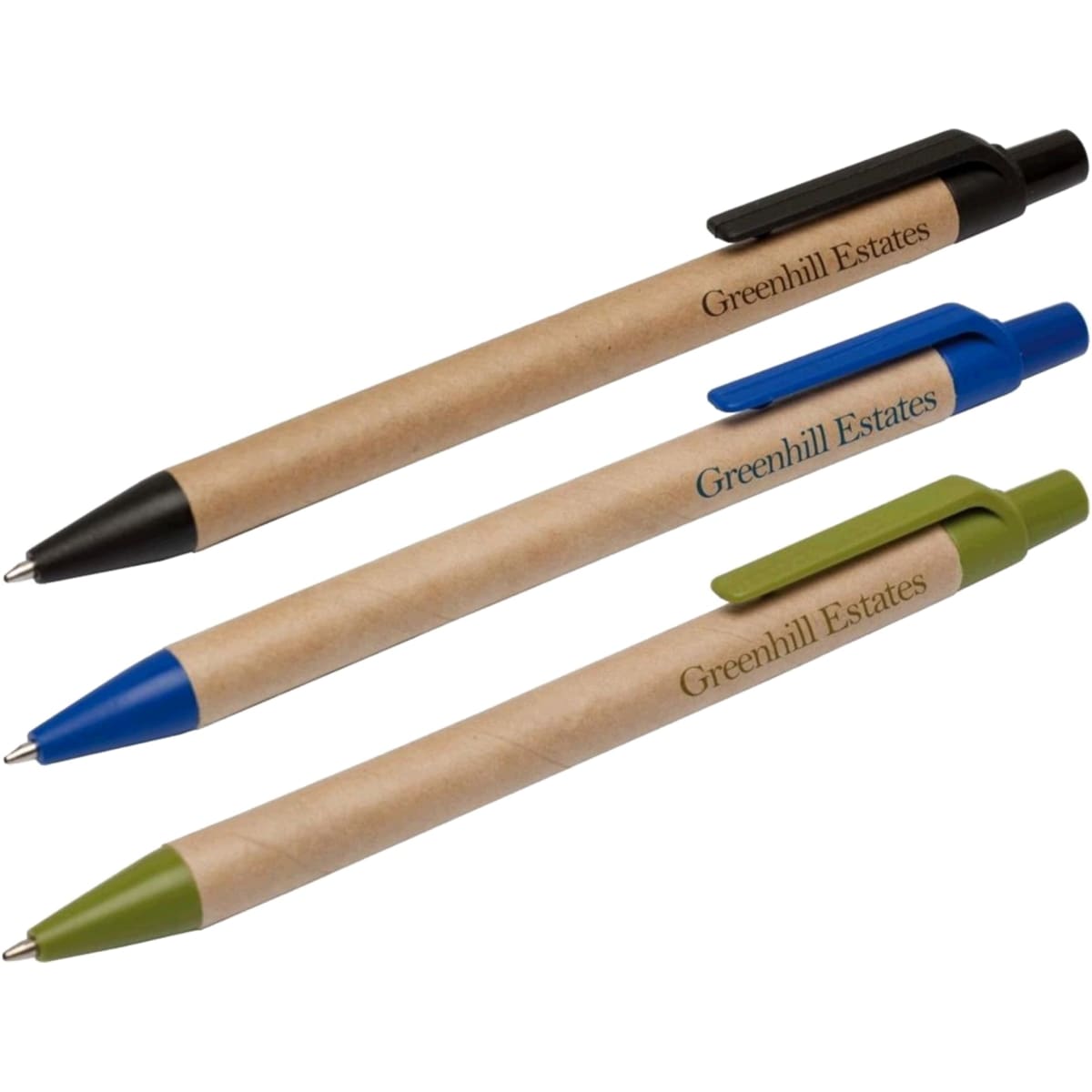 Three eco-friendly pens in black, blue, and green, with a natural paper finish and a logo on each.