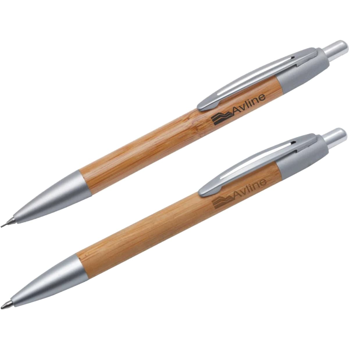 A bamboo pen and pencil set featuring silver accents, with a logo on each item.