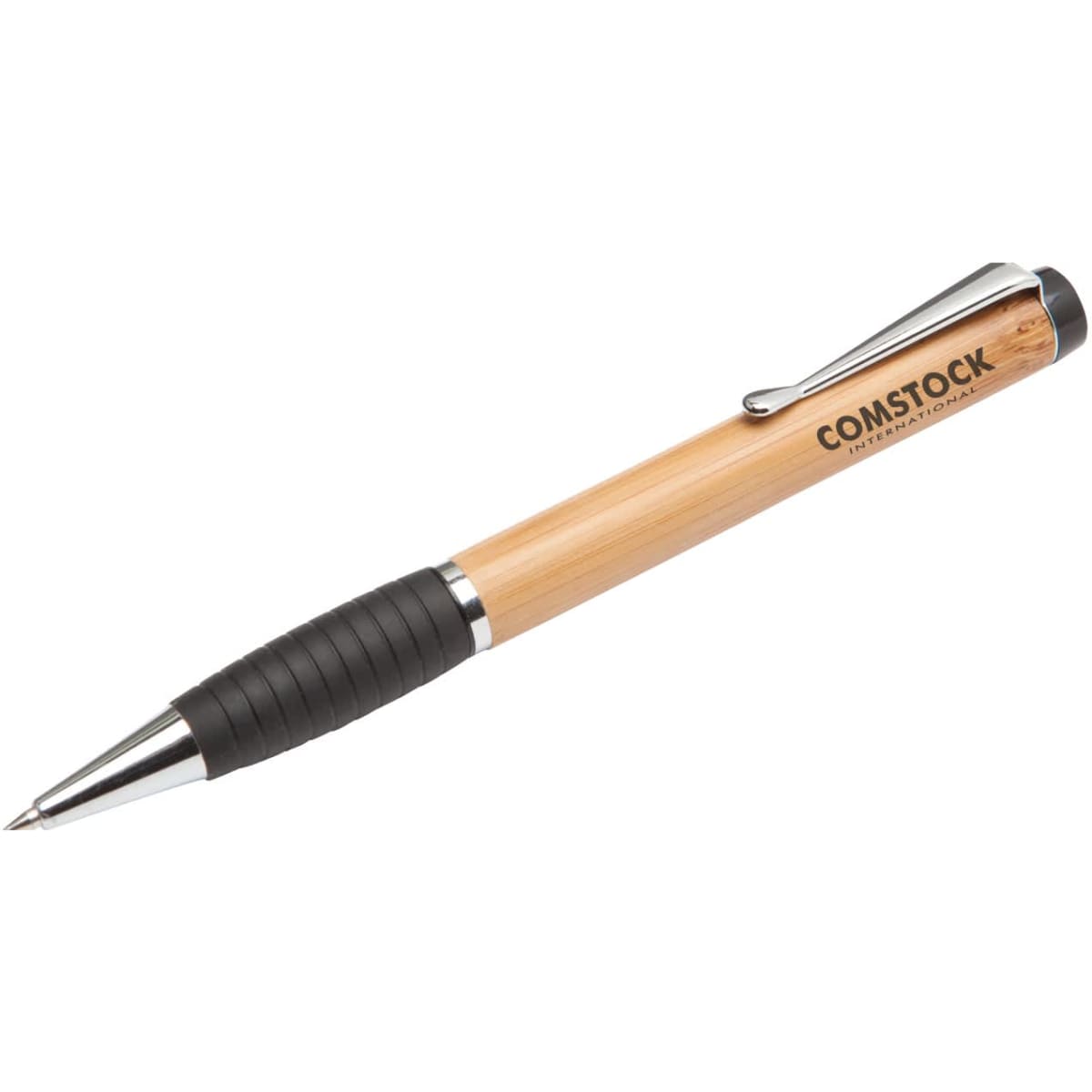 A bamboo pen with a black rubber grip and metallic accents. Features branding on the barrel.