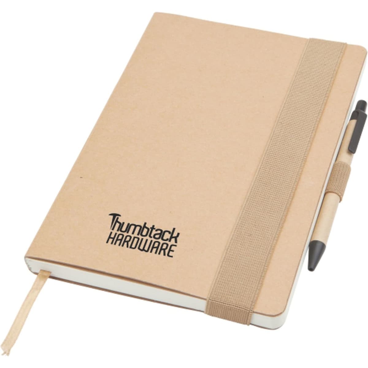 A large A5 notepad in natural tones with a pen attached and a logo on the cover.