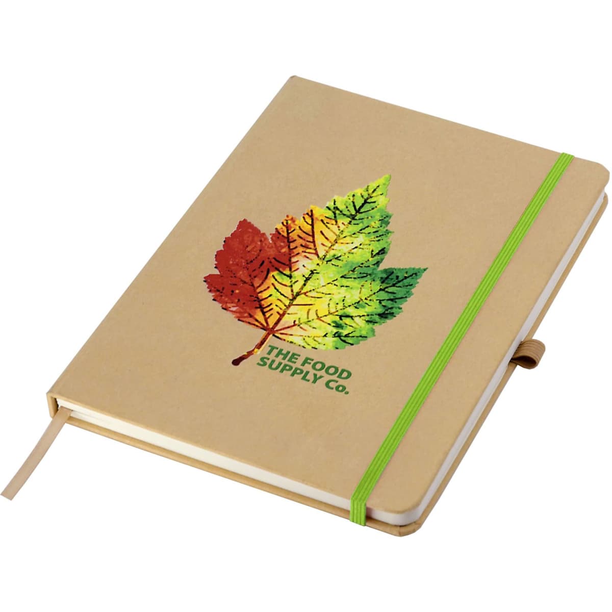 A brown A5 notebook with a colourful leaf design, featuring an elastic band closure and a logo on the cover.
