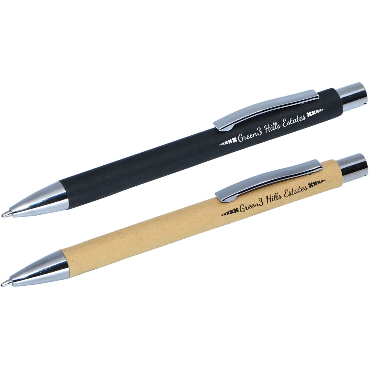 A set of two Terra Kraft Pens in black and kraft paper, featuring shiny silver accents and branding.