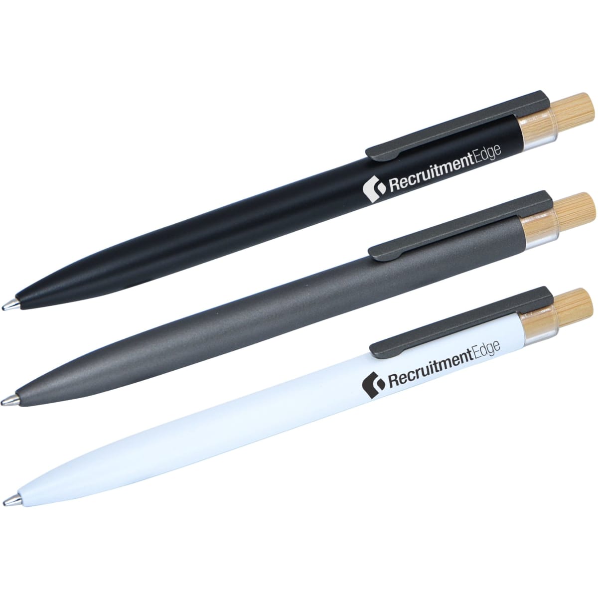 A set of three metal pens in black, grey, and white, each featuring a branding element.