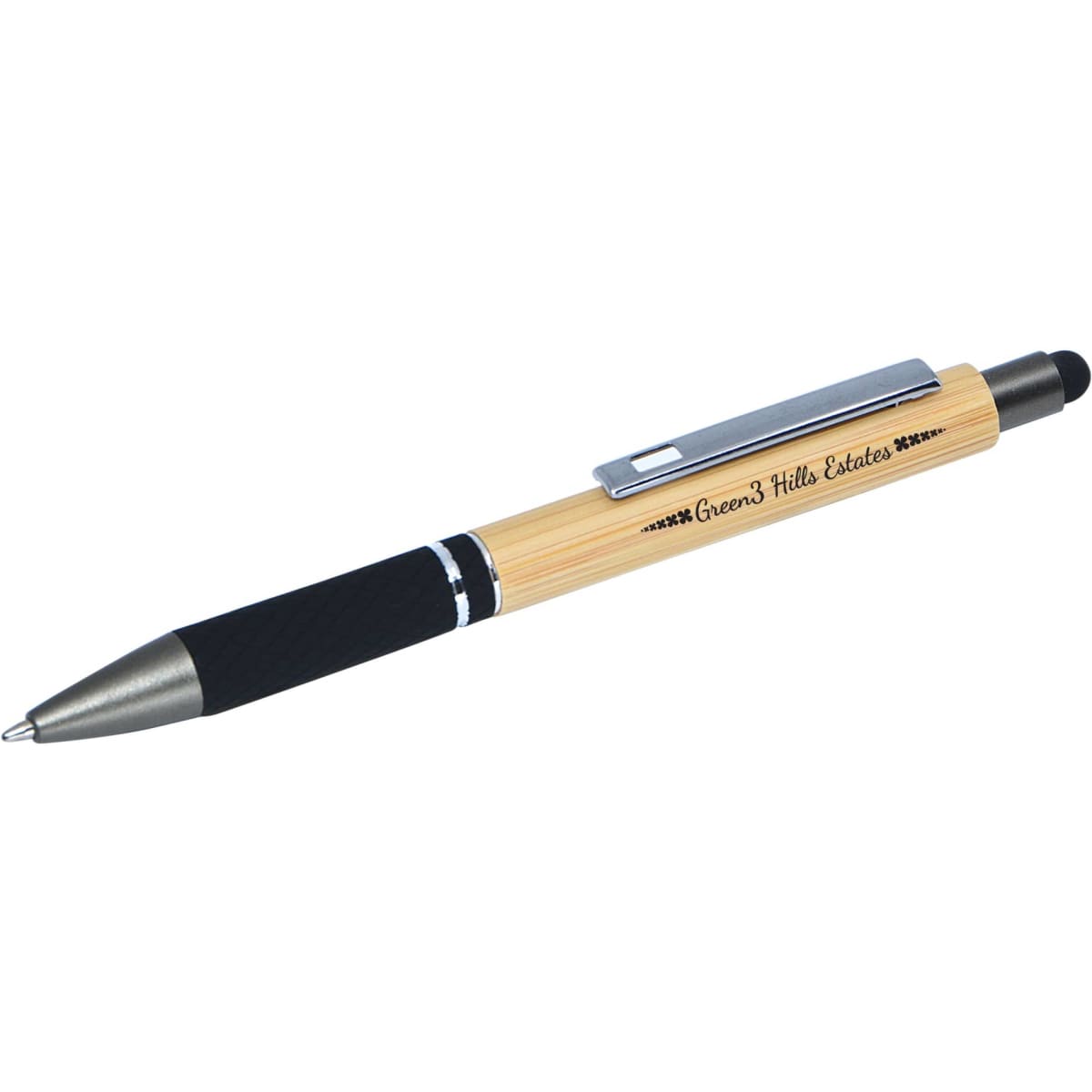 A bamboo stylus pen featuring a black grip and silver accents, complete with a branding logo.