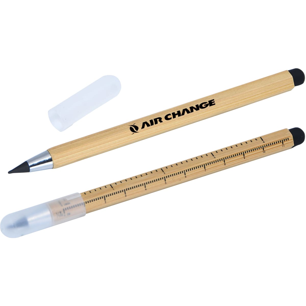 A bamboo stylus pen with a silver nib and black tips, featuring a translucent cap and a logo.