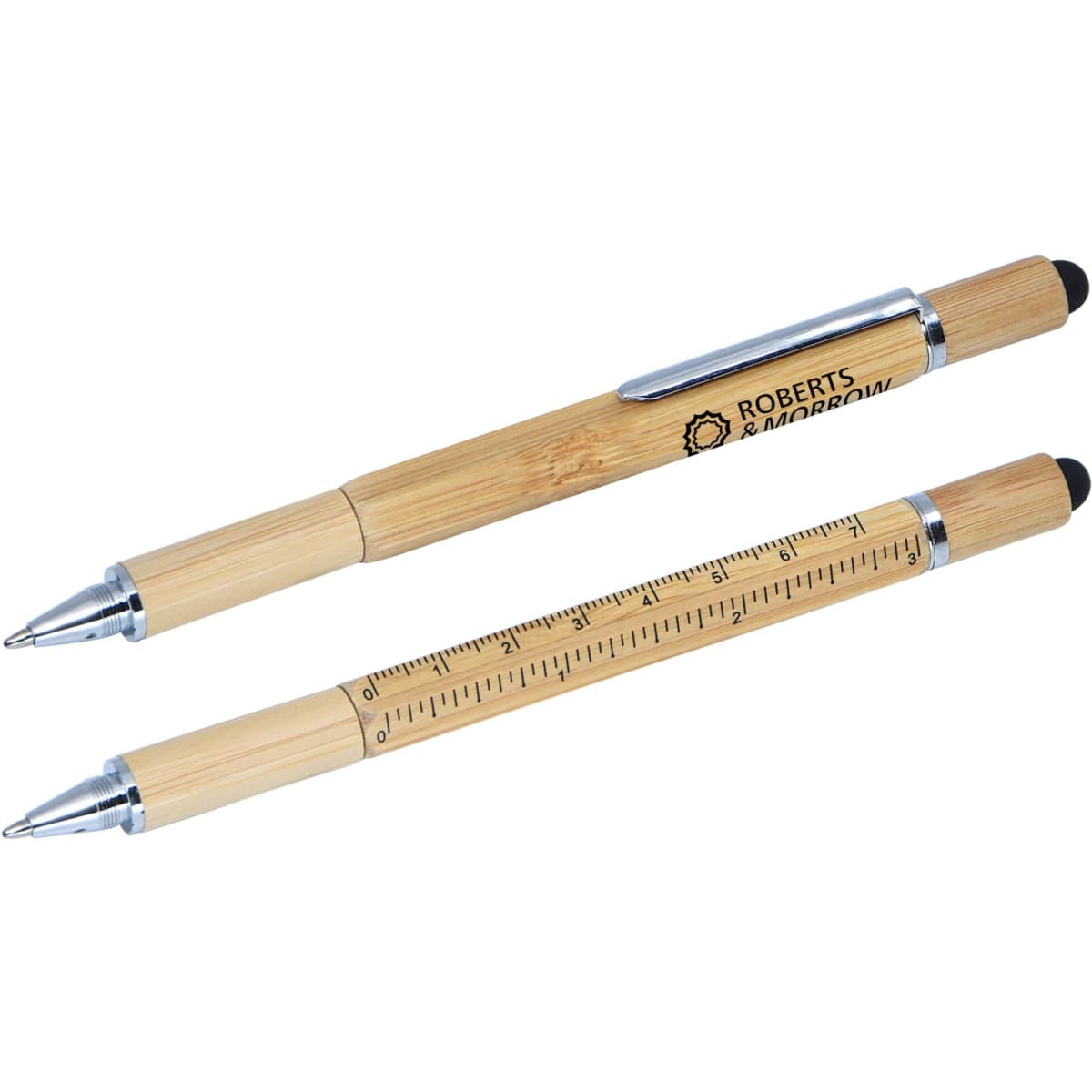 A bamboo stylus pen in natural colour with a ruler feature and a metallic clip. It has a visible logo.