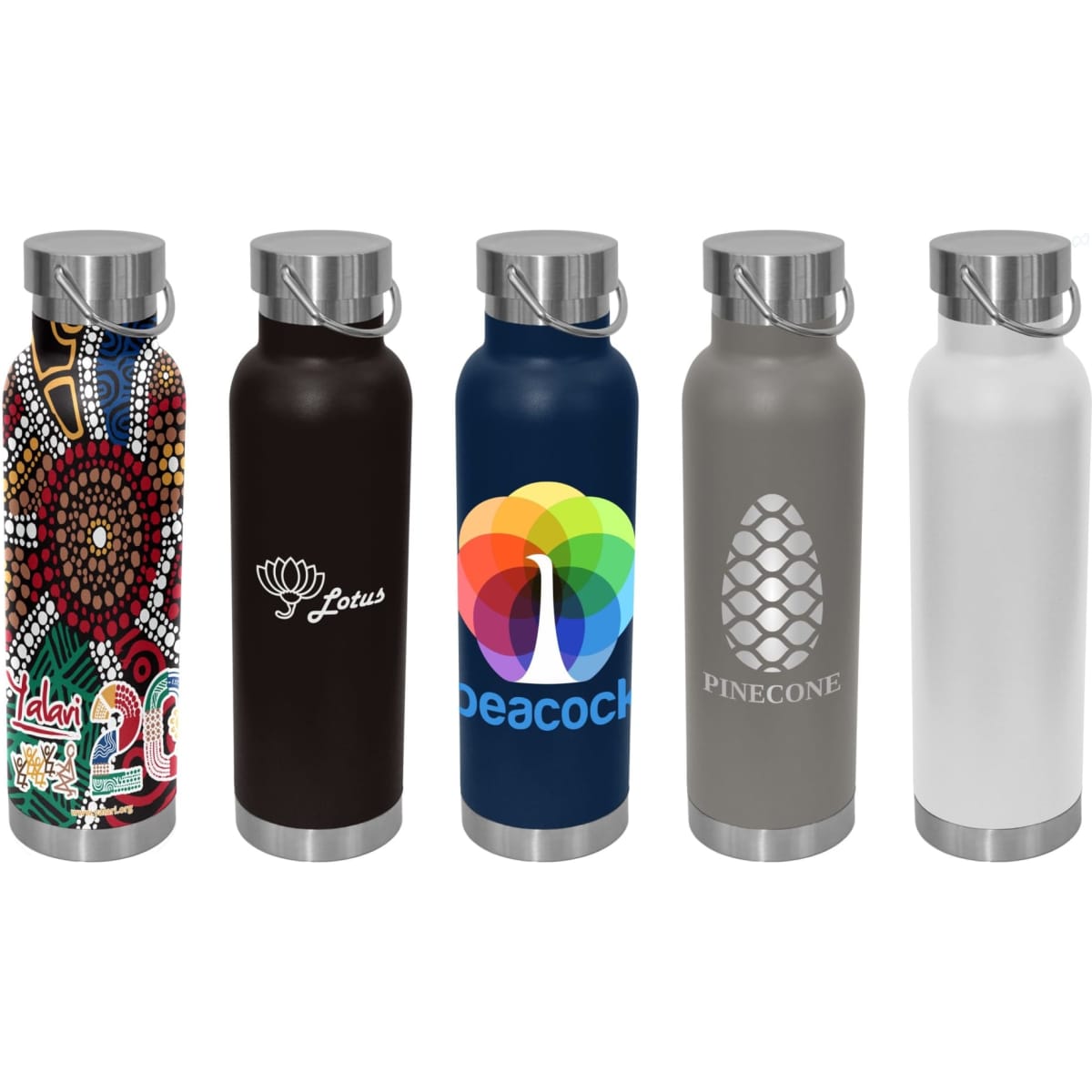 A drink bottle collection featuring various designs and colours, including patterns, dark brown, navy blue, grey, and white.
