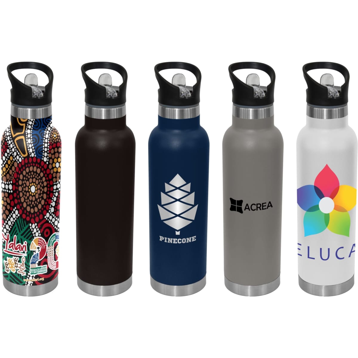A drink bottle collection featuring various designs in black, navy, grey, and white, each with a spout and branding.