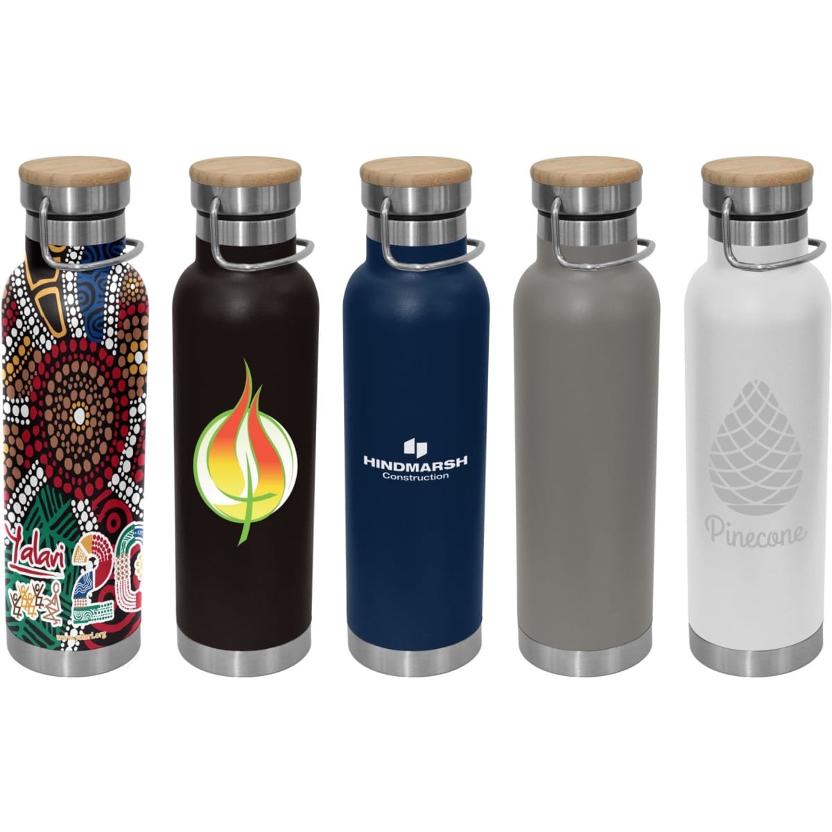 A drink bottle collection featuring five designs, including various colours and bamboo lids. Each has a metallic body and a logo.