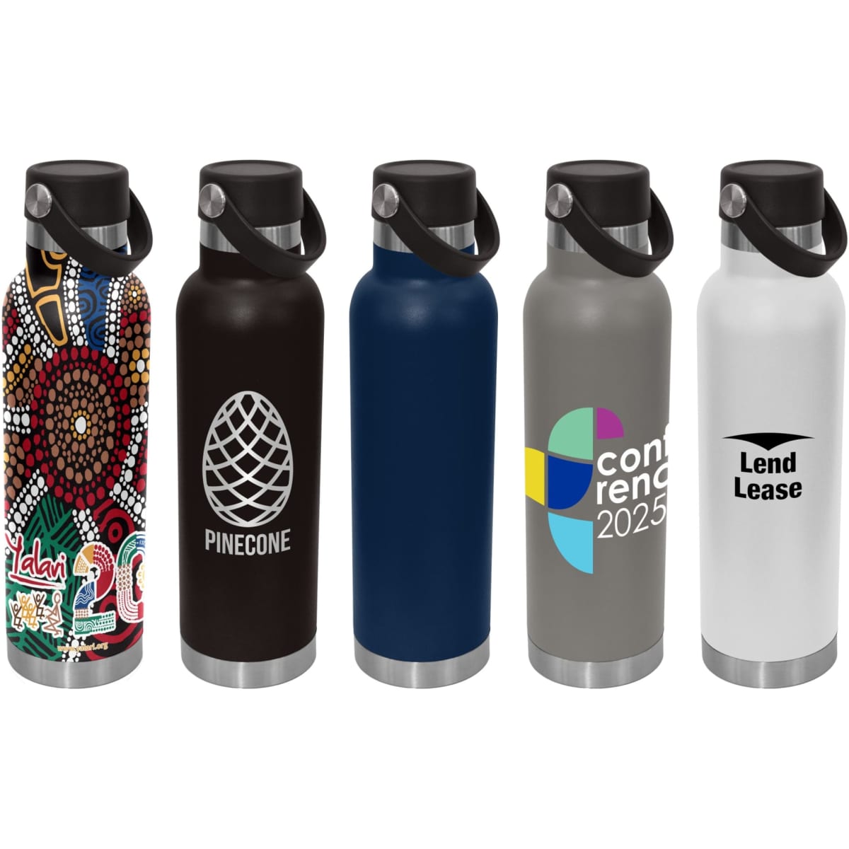 A drink bottle collection featuring various designs, including black, blue, grey, and white finishes, with multiple logos.