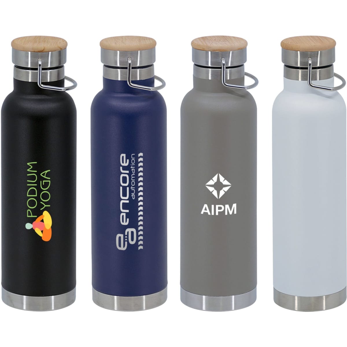 A drink bottle set featuring four vacuum flasks in black, navy, grey, and white, each with wooden lids and a logo.