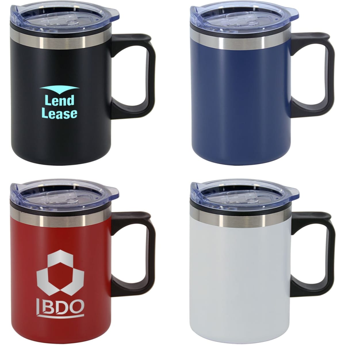A double wall travel mug in black, navy, red, and white, each with a handle and a lid. Some feature logos.