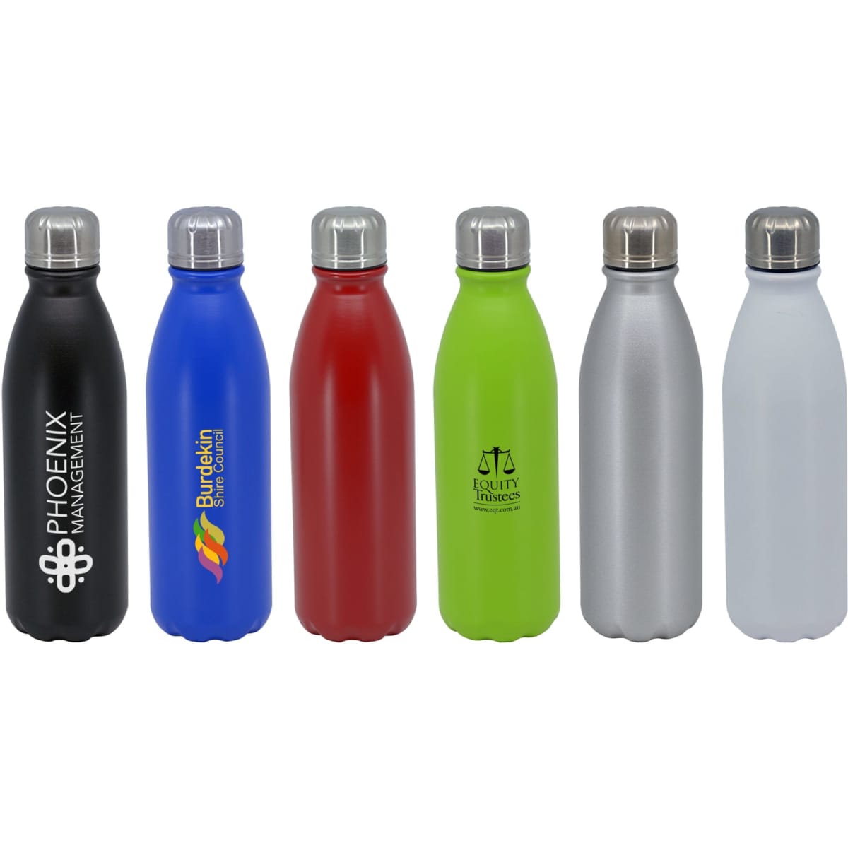 A drink bottle assortment including black, blue, red, green, silver, and white options, each with a logo.