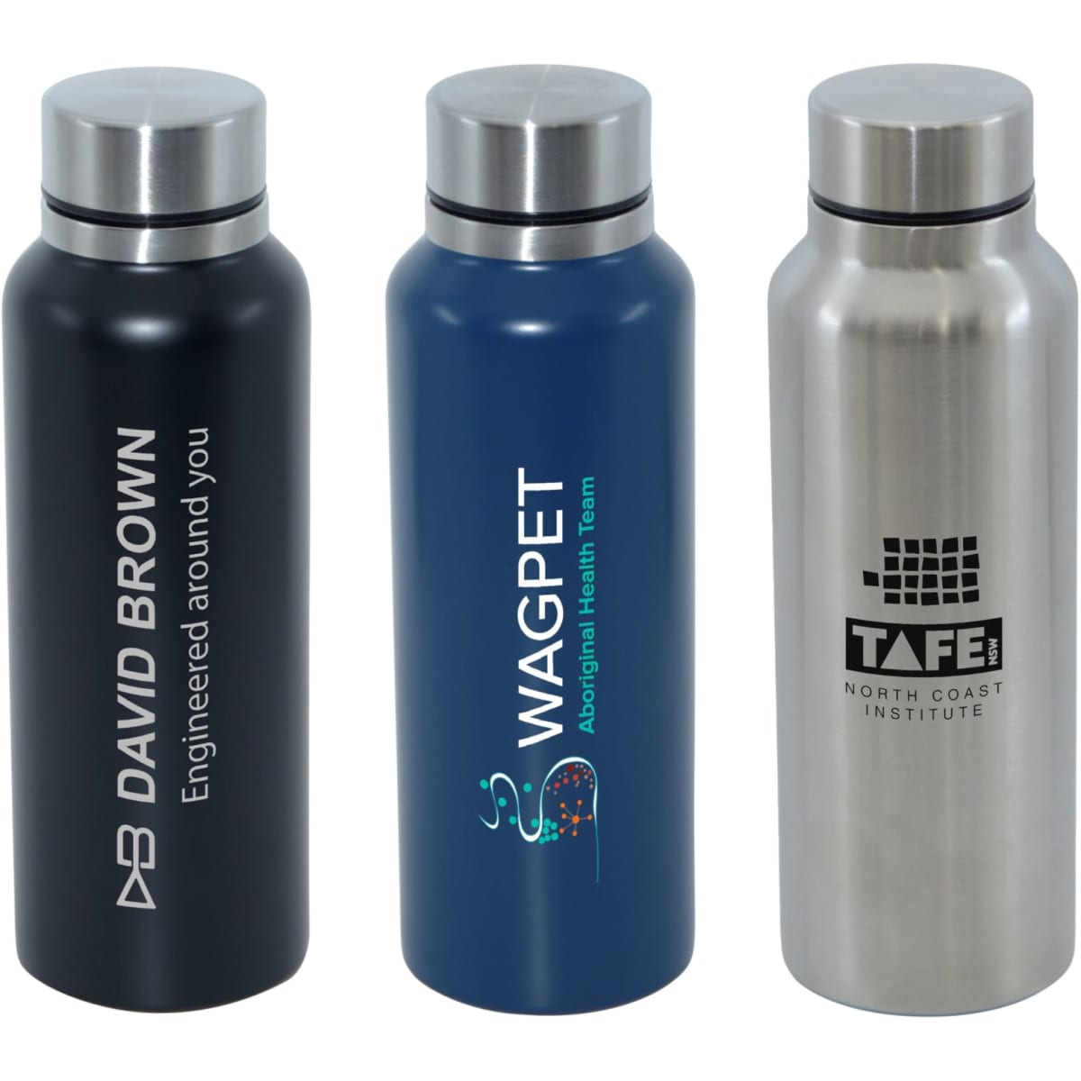 A drink bottle collection featuring a black, a navy blue, and a stainless steel option, each with a logo.