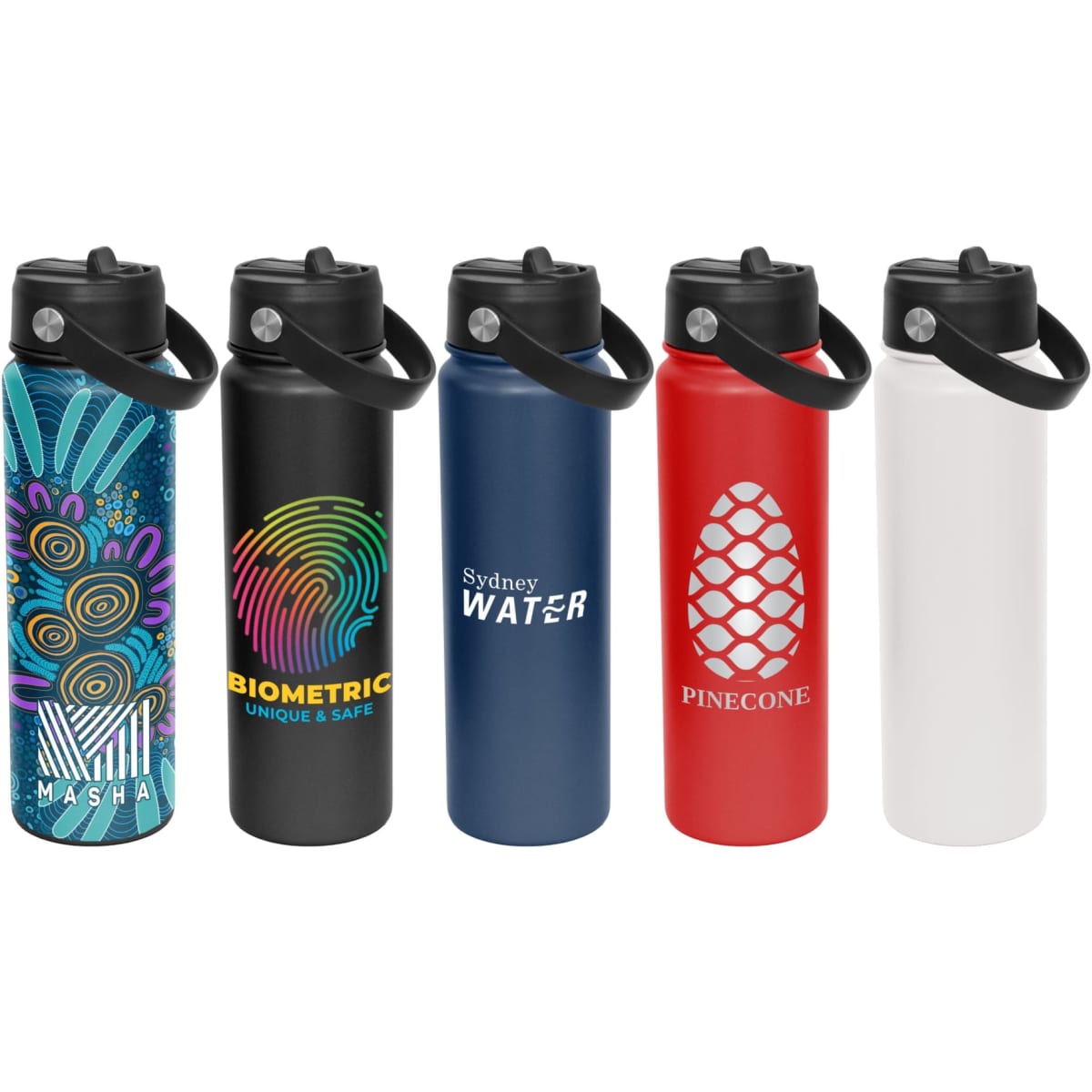A drink bottle collection featuring designs in blue, black, red, white, and a colourful pattern, each with a spout and handle.