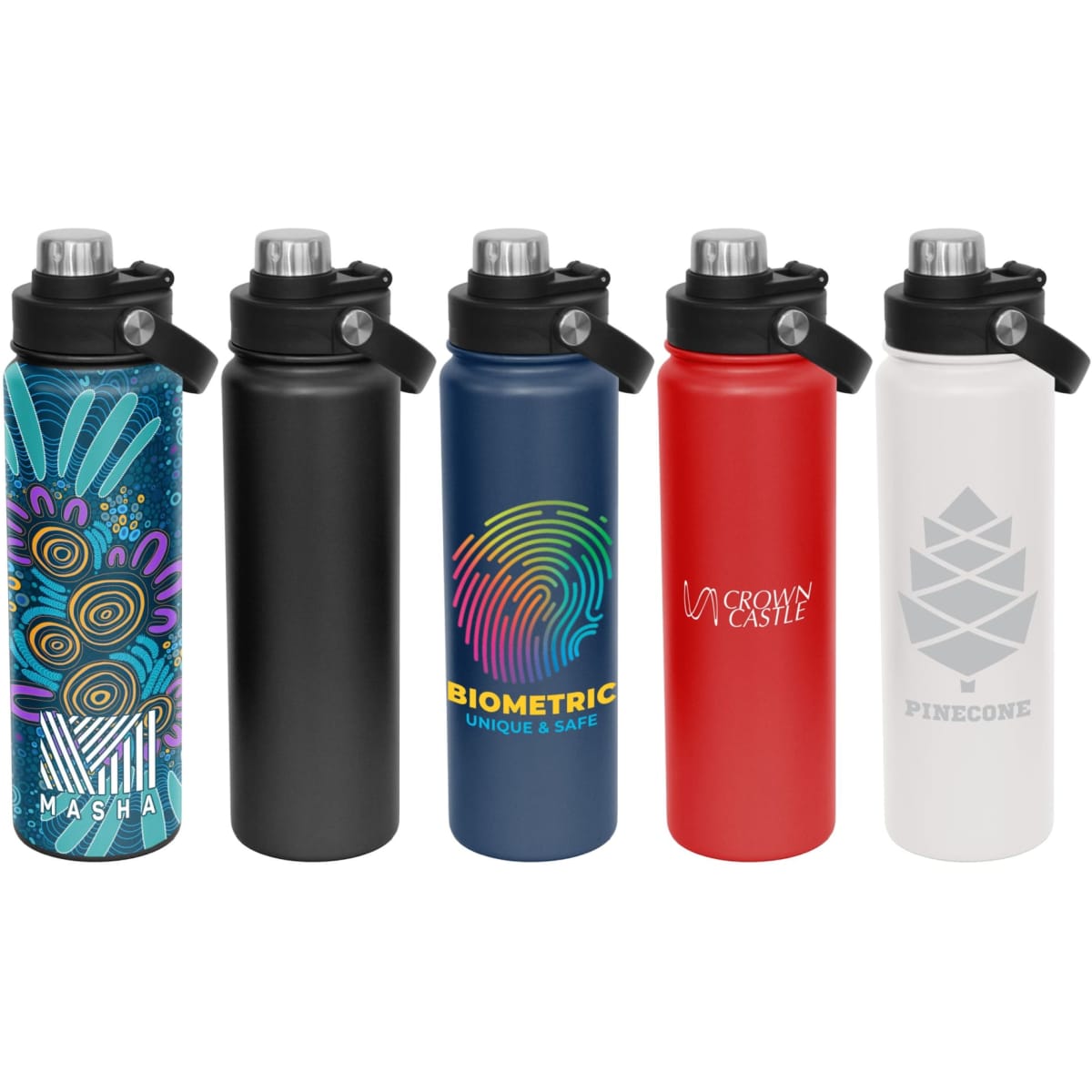 A drink bottle collection featuring five styles: colourful patterned, black, blue, red, and white, each with a screw cap and logo.