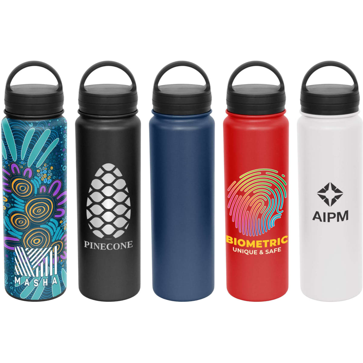 A collection of five vacuum carry lid bottles in various colours: blue, black, red, white, and a patterned design. Each has a logo.