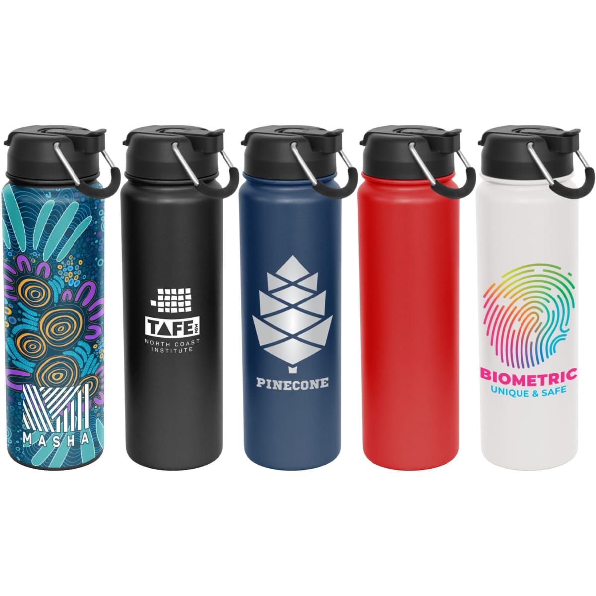 A drink bottle collection featuring a vibrant design, black, red, and white options, all with lids and logos.