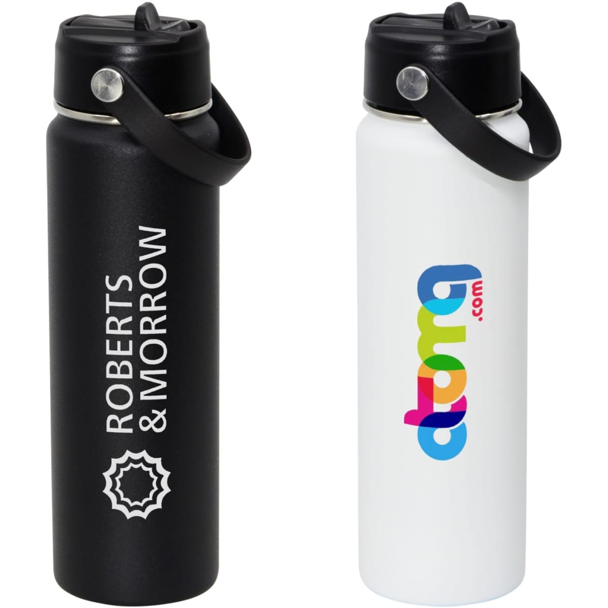A drink bottle featuring a black exterior with a logo and a white exterior with a logo, both with a flip-top lid.