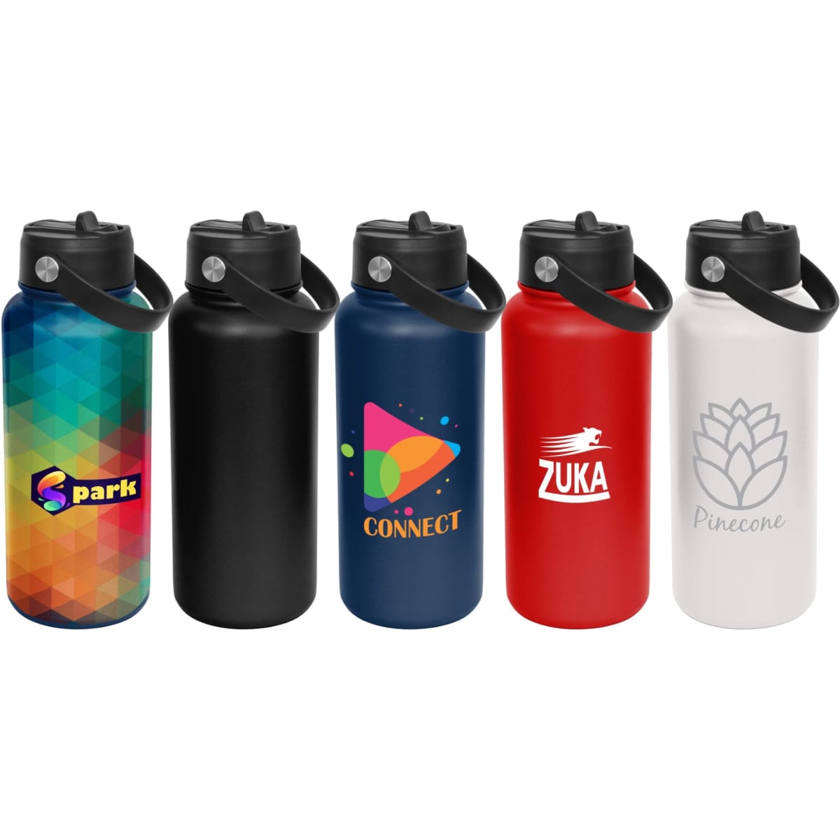 A drink bottle collection featuring five colourful vacuum sipper bottles in various designs and colours, including black, blue, red, and white.