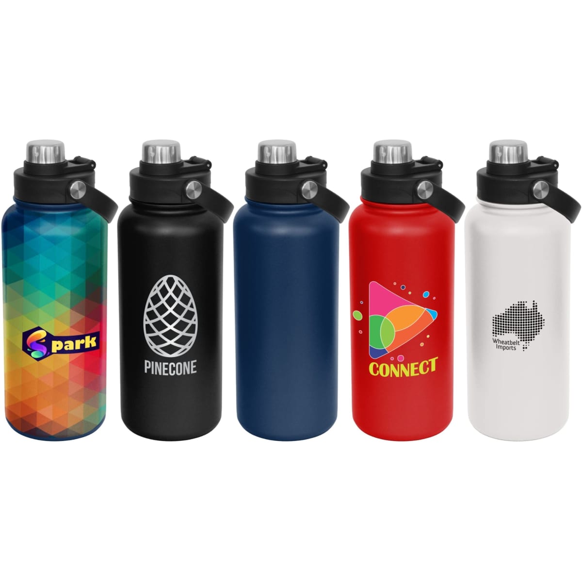 A drink bottle collection featuring various colours: blue, black, red, white, and a multi-coloured pattern, each with a screw cap.