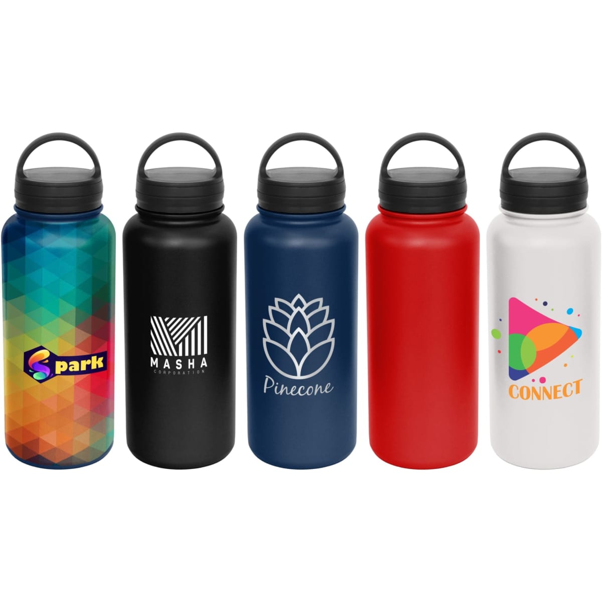 A drink bottle collection featuring various colours: blue, black, red, and white, with different logos and designs.