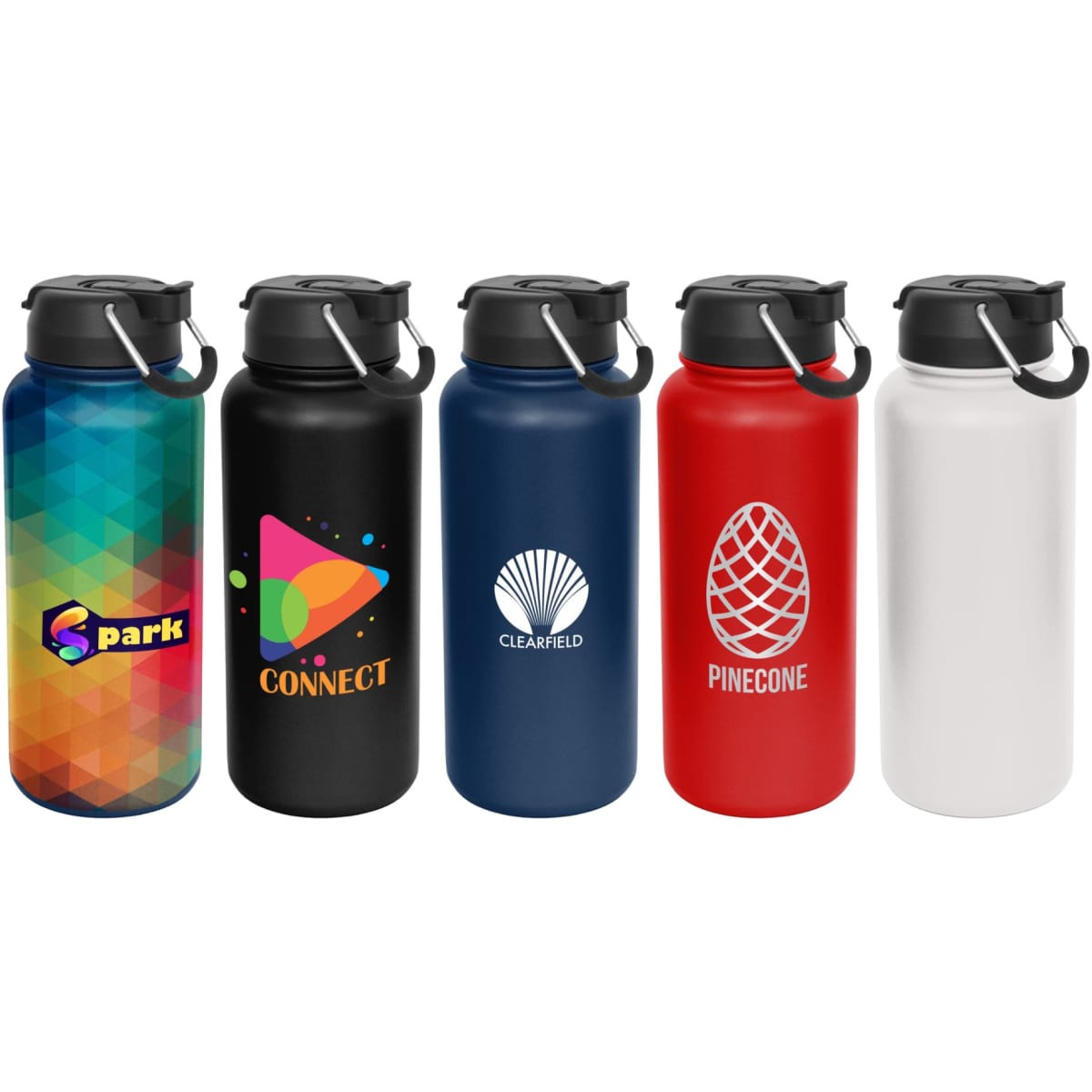 A drink bottle collection featuring colourful designs in black, navy, red, white, and a patterned option, each with a logo.