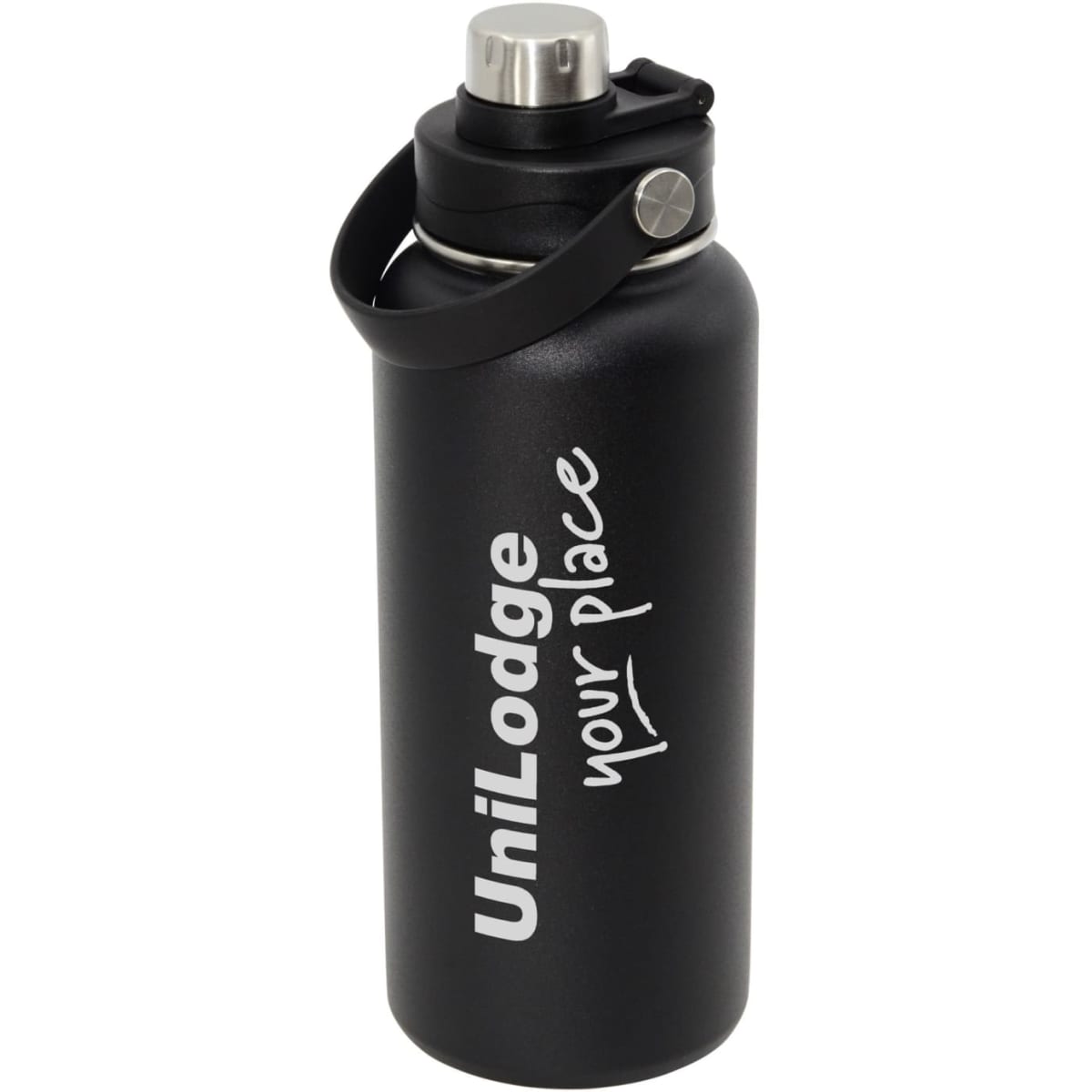 A drink bottle in black with a silver cap and a carry handle, featuring a logo on the side.
