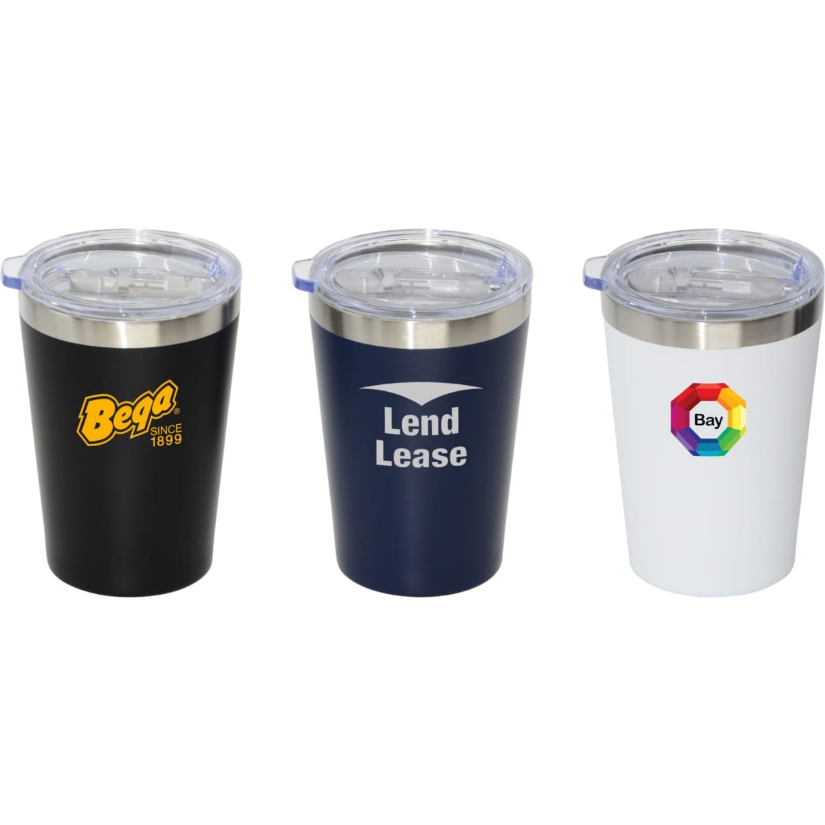 A drink bottle trio featuring black, navy, and white travel mugs, each with a lid and branding.