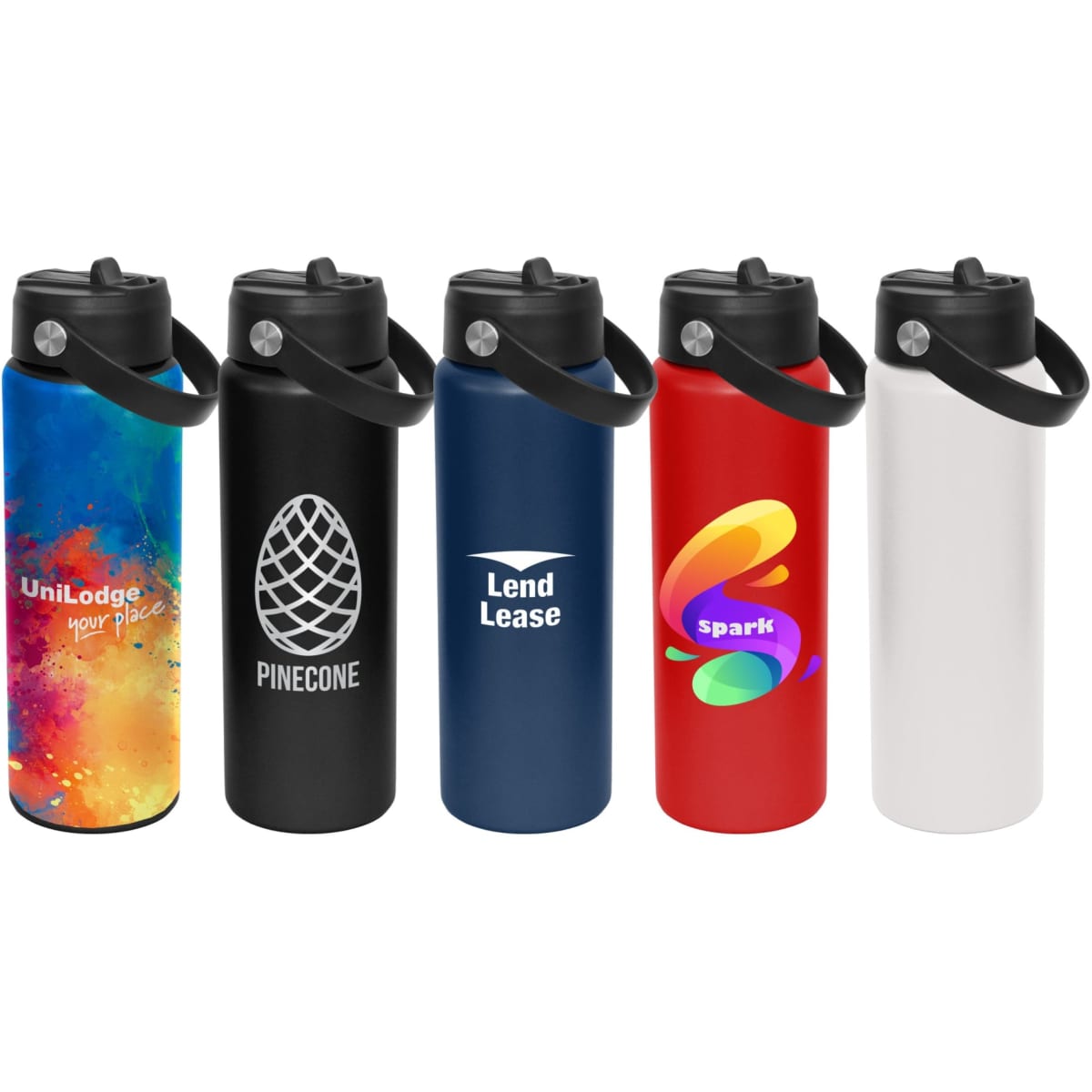 A drink bottle collection featuring five varieties: blue, red, white, and multicoloured designs, with branding on some.
