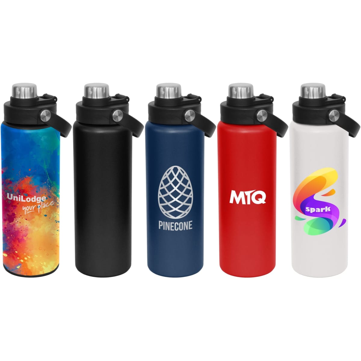 A drink bottle collection featuring a vibrant gradient, black, blue, red, and white bottles, each with a screw cap and logo.