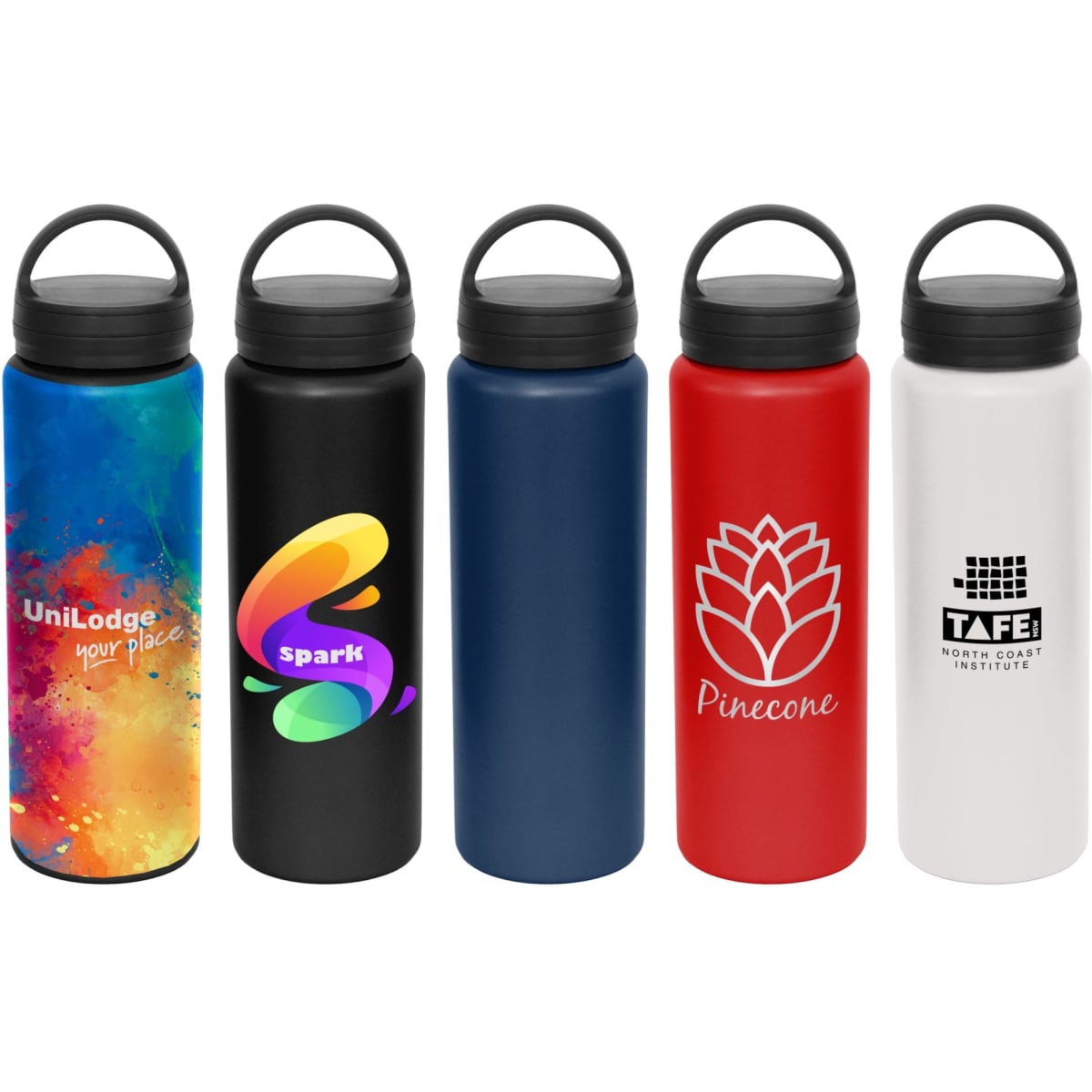 A drink bottle collection featuring multiple colours: blue, red, black, and white, with various designs and logos.