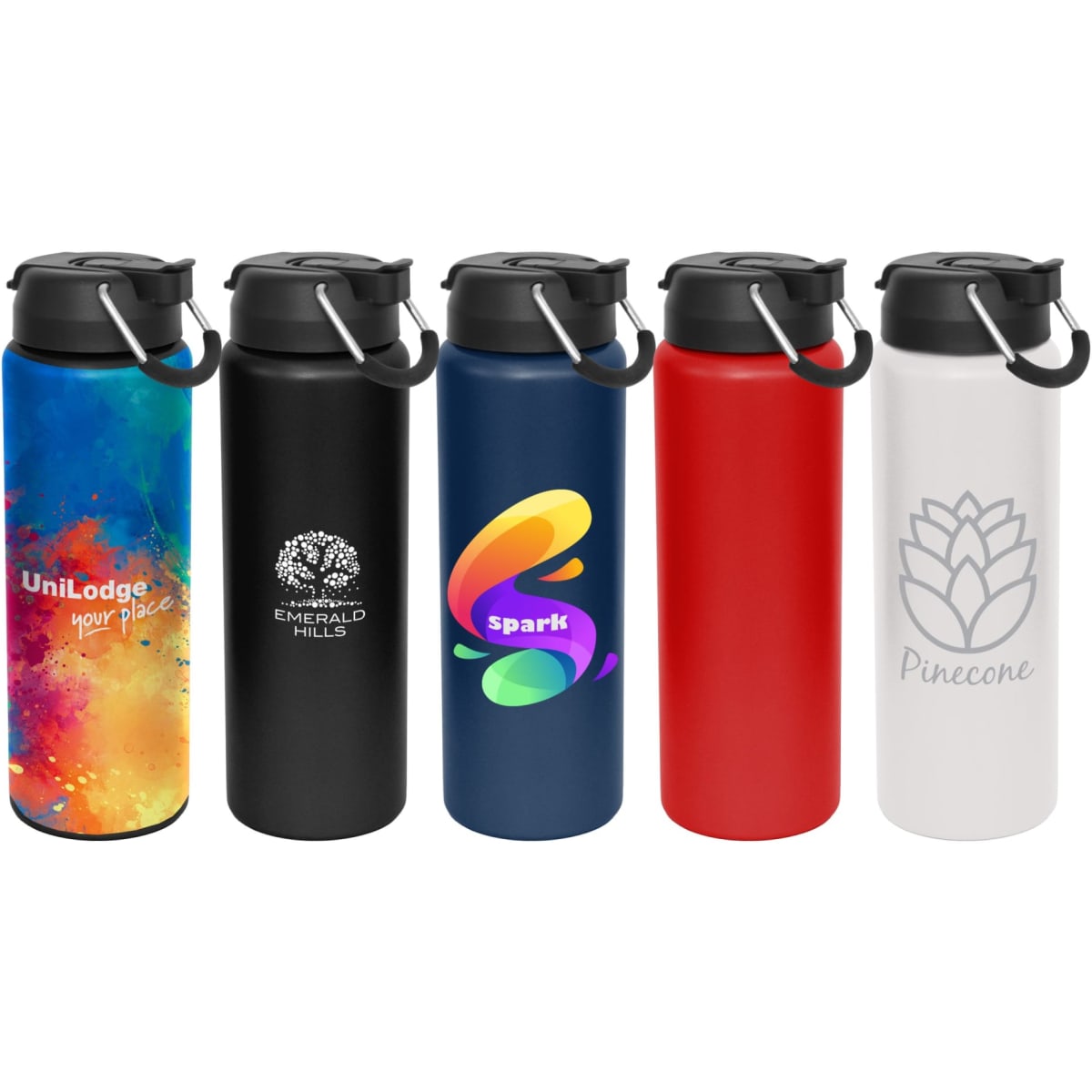 A drink bottle collection featuring five bottles in various colours: black, blue, red, white, and a multicoloured design. Each has a lid.