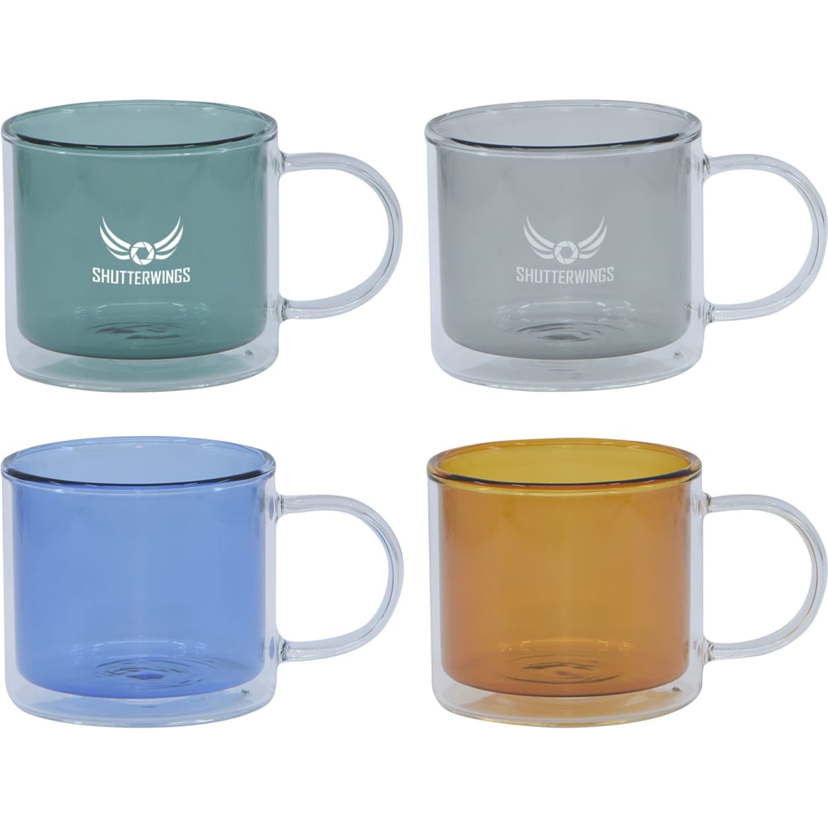 A set of four double wall mugs in teal, grey, blue, and orange, each with a branding logo.