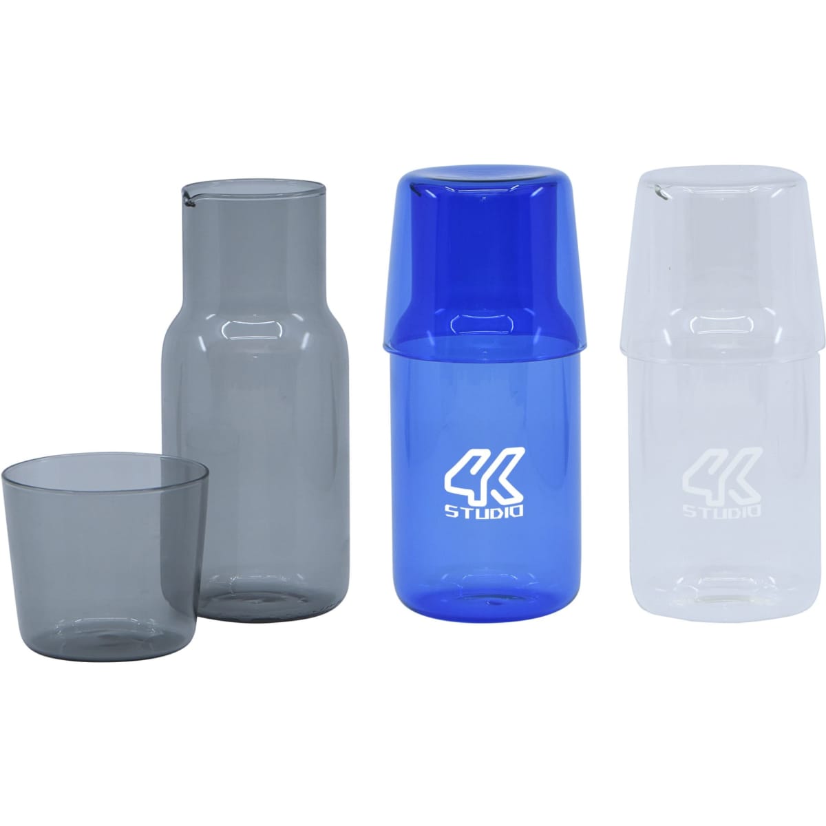 A drink bottle set featuring a clear carafe, a blue tumbler, and a grey tumbler, with a logo present.