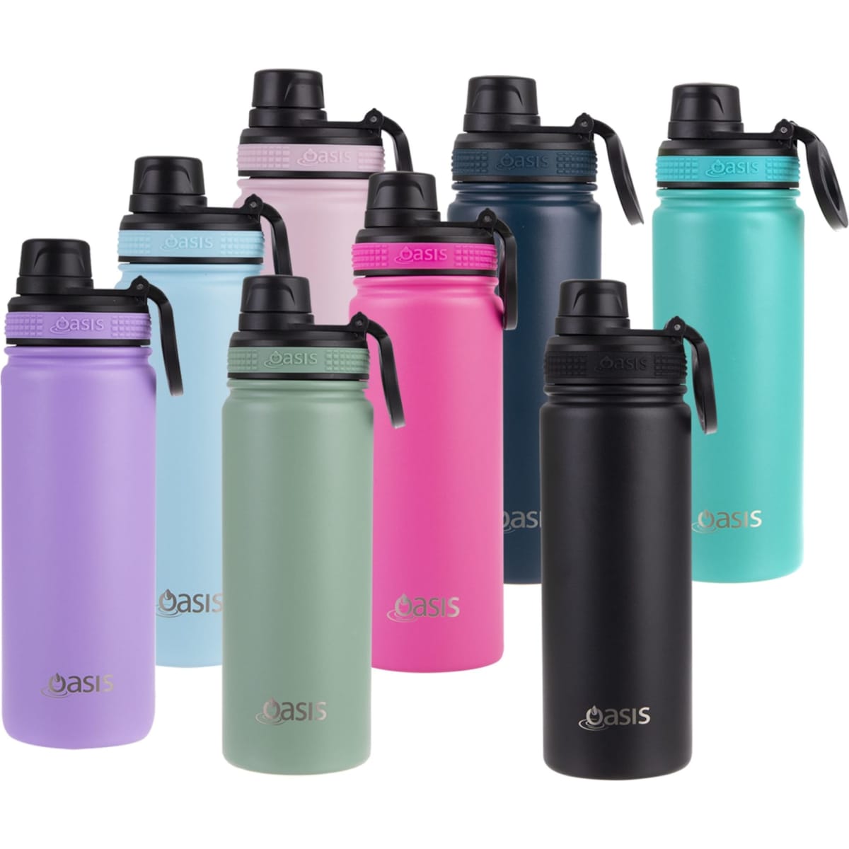 A drink bottle collection featuring various colours: black, green, blue, pink, purple, and a light blue, with screw caps and branding.