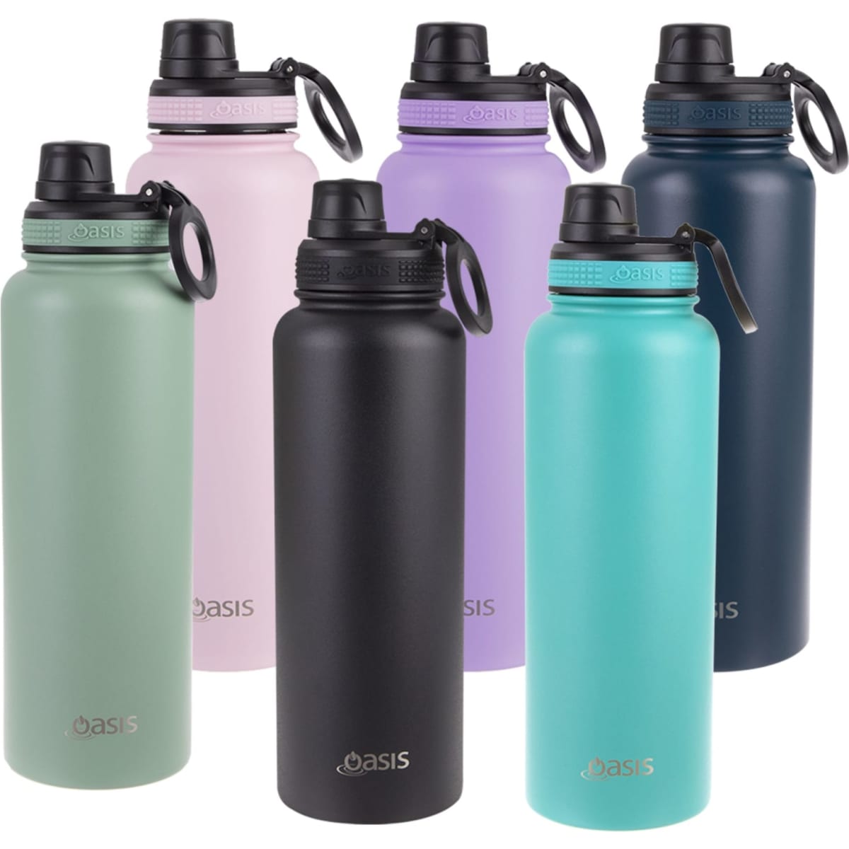 A drink bottle collection featuring various colours: pink, purple, black, teal, and dark blue, each with a screw cap and logo.