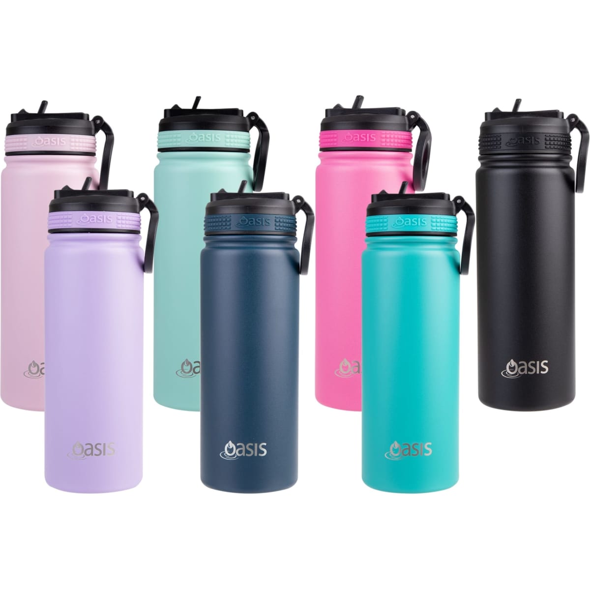 A drink bottle collection featuring various colours: pink, lavender, teal, navy, and black, with a logo on each.