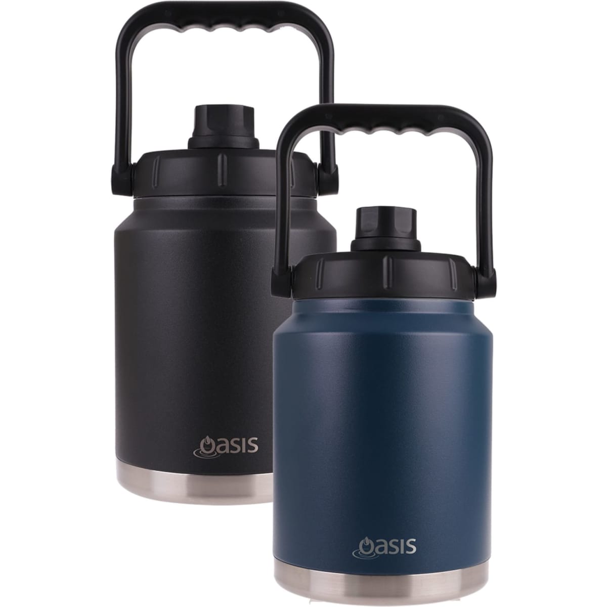 A drink bottle featuring a vacuum-insulated design, available in black and navy blue, with a carry handle and lid.
